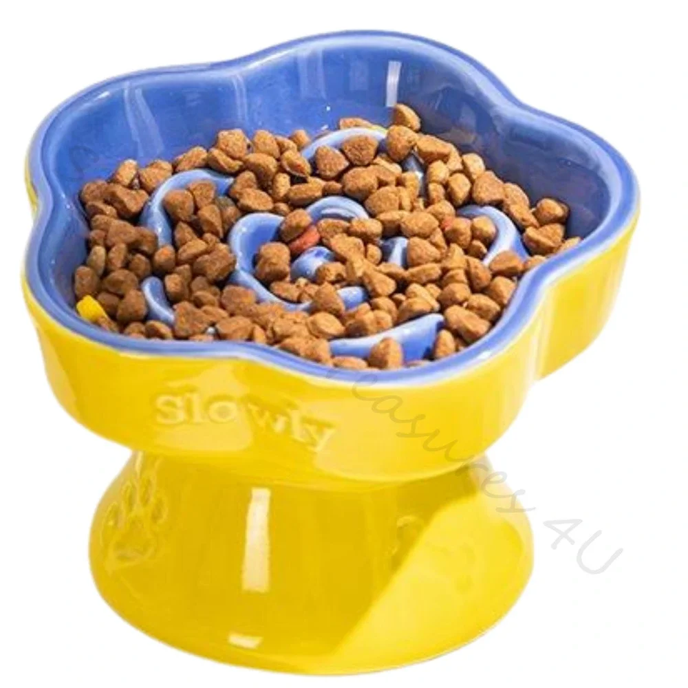 Raised Slow Feeder Dog Cat Food Bowl for Small Pets Blue Tilted Ceramic Dish